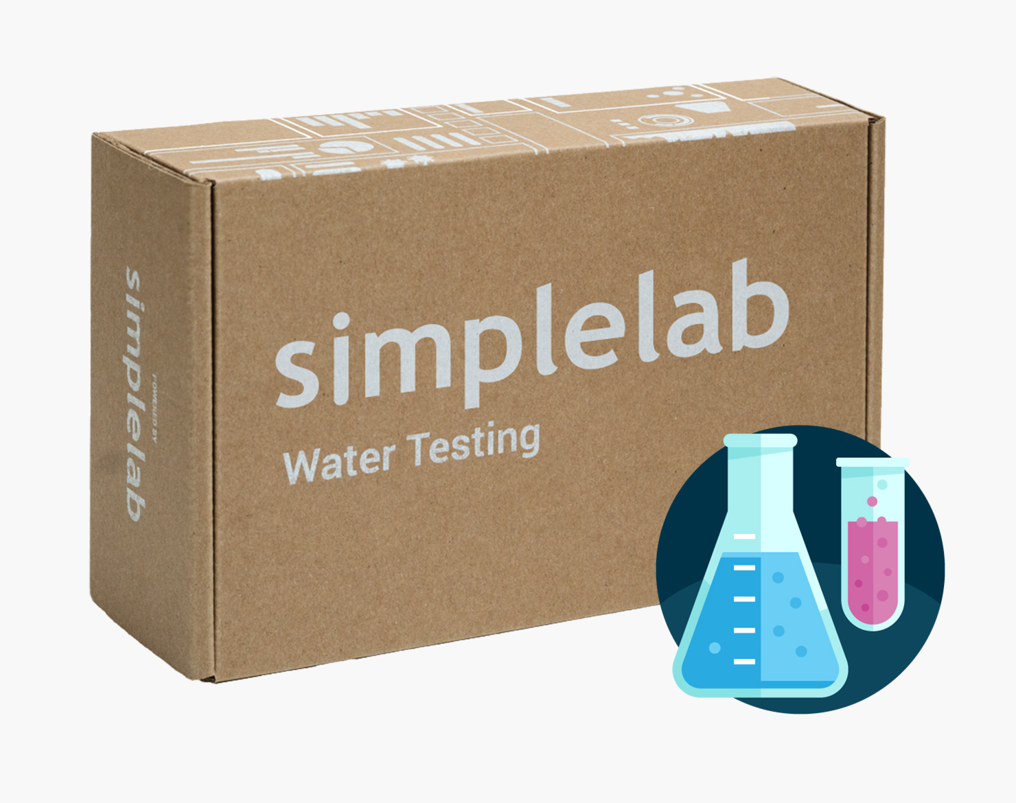 SimpleLab water testing product box for water testing with a beaker and test tube illustration.
